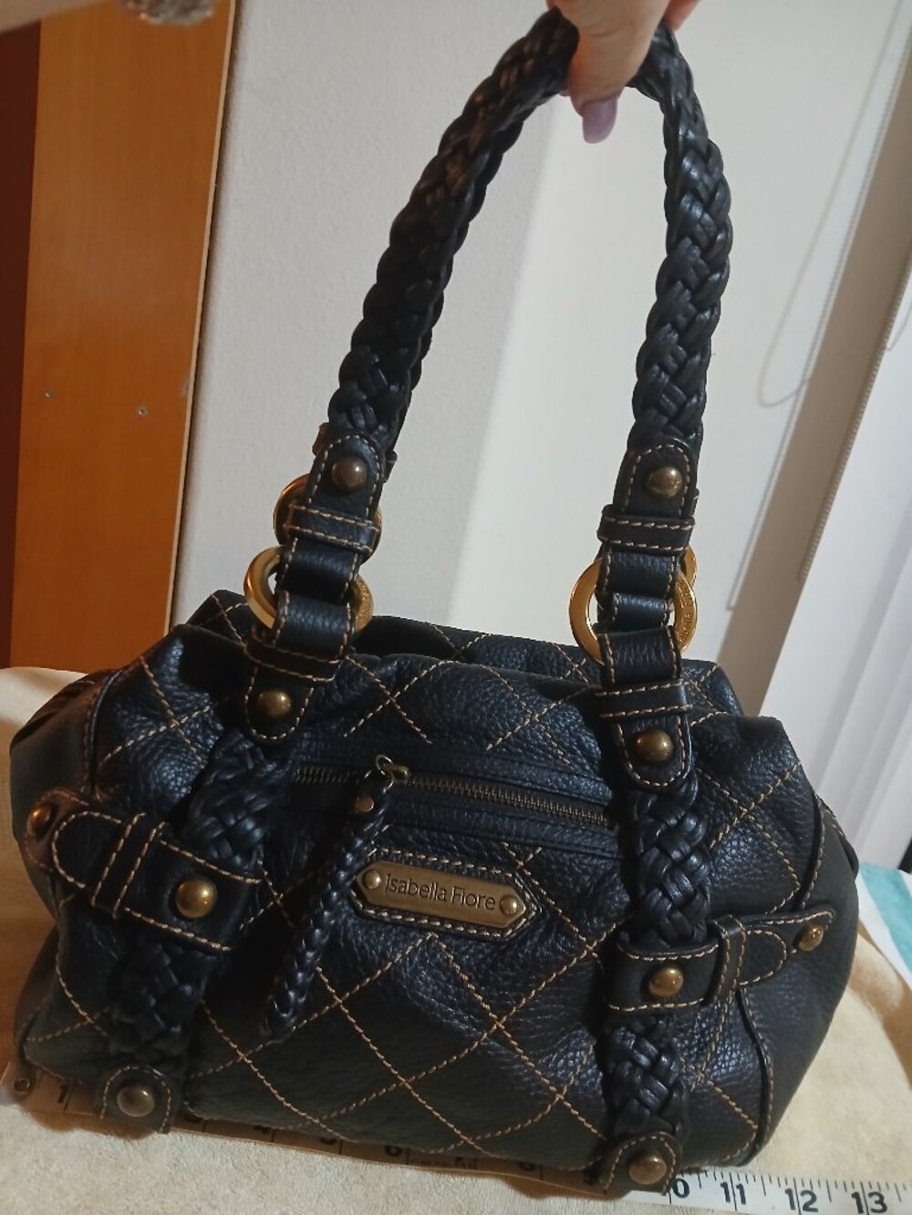 Lk NEW Isabella Fiore quilted lamb leather black bag satchel pristine Italy